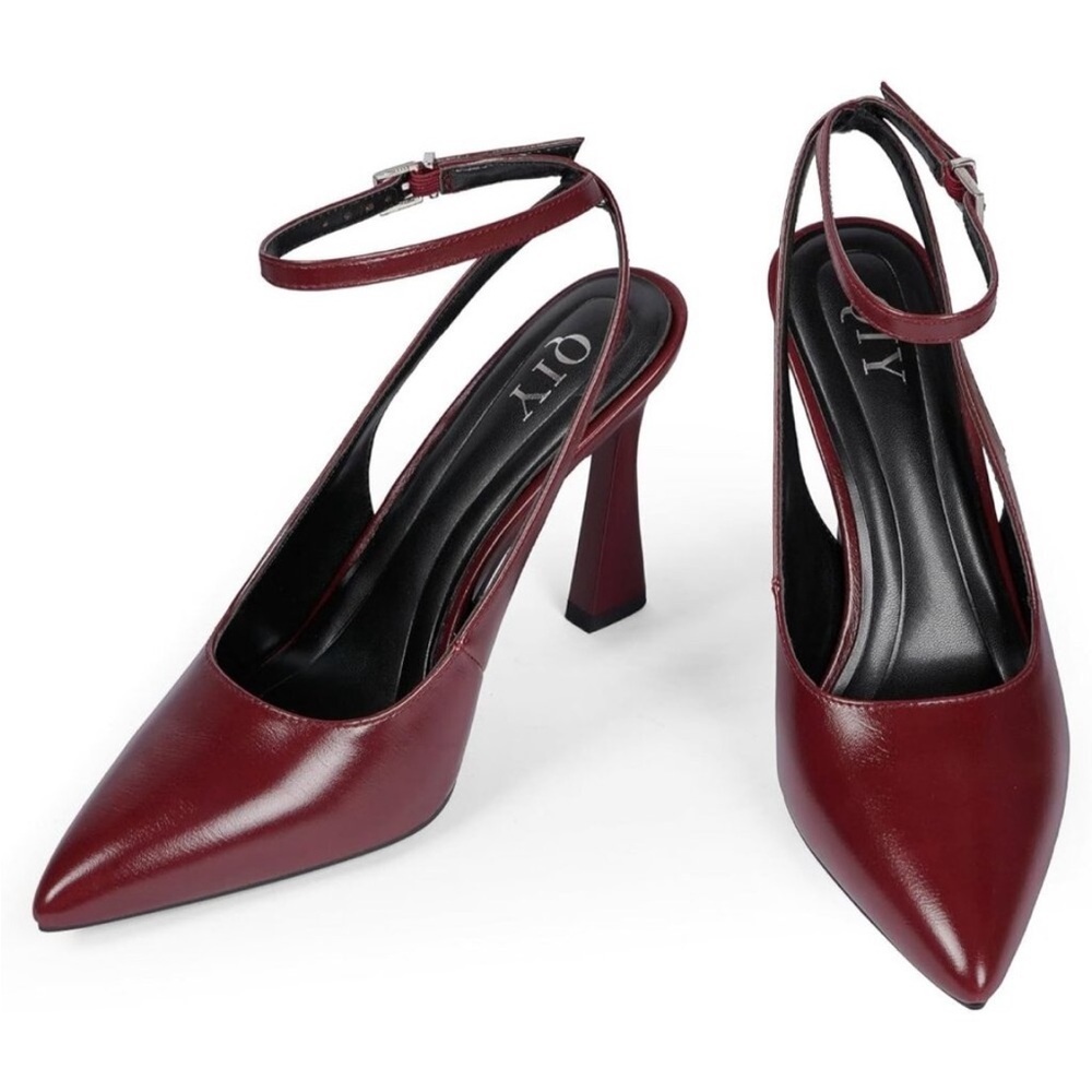 QIY Closed Toe Ankle Strap Sling Back Heel Burgundy/Wine Color Size 8.5 NWB - Picture 3 of 16